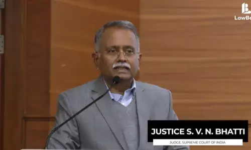 Justice S V N Bhatti delivering a speech on fundamental duties at the Adhivakta Parishad event in New Delhi.