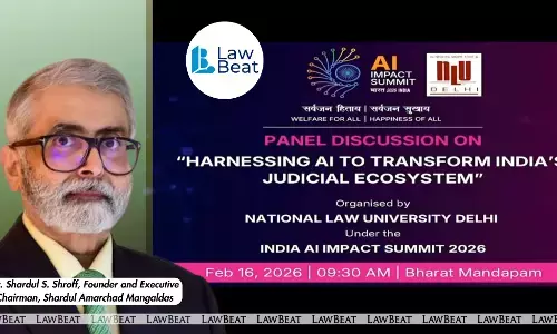 Shardul S. Shroff speaking at the India AI Impact Summit 2026 panel on harnessing AI to transform India’s judicial ecosystem at Bharat Mandapam