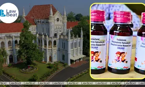 Madhya Pradesh High Court building with bottles of cough syrup in toxic syrup deaths case where bail plea of doctor was rejected.