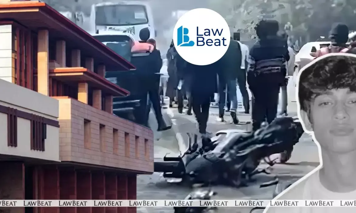 Visual of accident site with Delhi High Court building; Court declined media gag order while protecting identity of juvenile accused in Dwarka crash case.