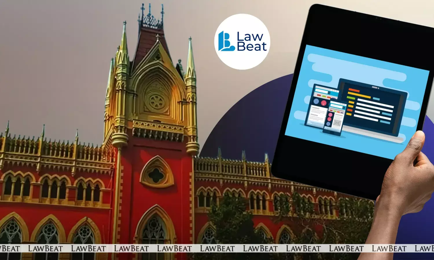 Calcutta High Court building with illustration of graphical user interface displayed on a tablet device representing design protection under the Designs Act.