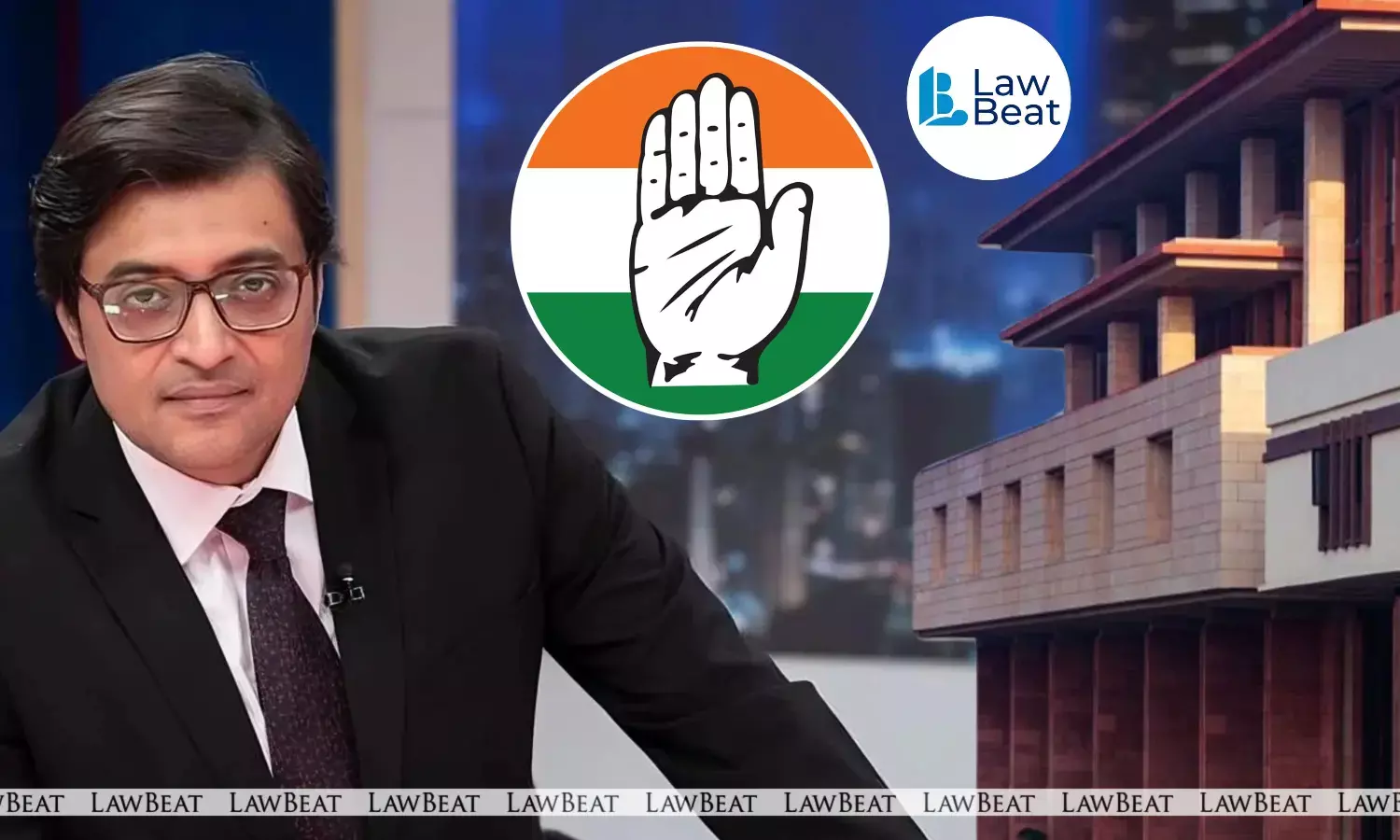 Arnab Goswami with Congress symbol and Delhi High Court visual representing defamation suit over Istanbul office allegation