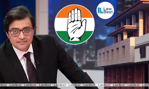 Arnab Goswami with Congress symbol and Delhi High Court visual representing defamation suit over Istanbul office allegation