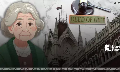 Illustration of an elderly woman with deed of gift and Calcutta High Court background representing property and maintenance dispute