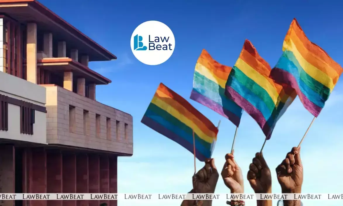 Rainbow pride flags held up outside Delhi High Court building representing transgender rights legal challenge
