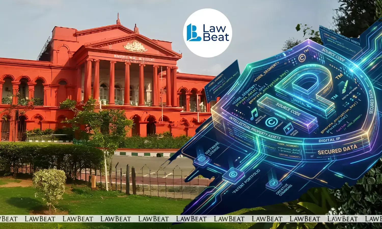 Karnataka High Court building with digital lock and data security graphic representing ownership of company code and cybercrime investigation Karnataka High Court building with digital lock and data security graphic representing ownership of company code and cybercrime investigation