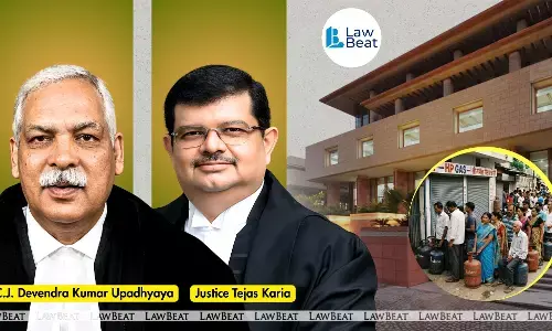 Chief Justice Devendra Kumar Upadhyaya and Justice Tejas Karia with Delhi High Court building and LPG cylinder queue visual representing PIL dismissal on LPG shortage and black marketing