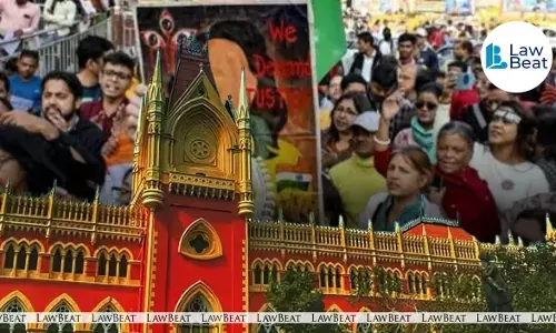 Calcutta High Court building with visuals representing protests and public outrage in the RG Kar rape and murder case
