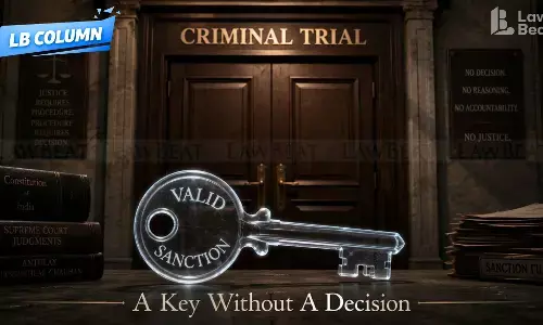Editorial illustration showing a transparent ghost-like key marked Valid Sanction lying before large courtroom doors labelled Criminal Trial, symbolising the constitutional concerns raised by deemed sanction under Section 218 of the BNSS.