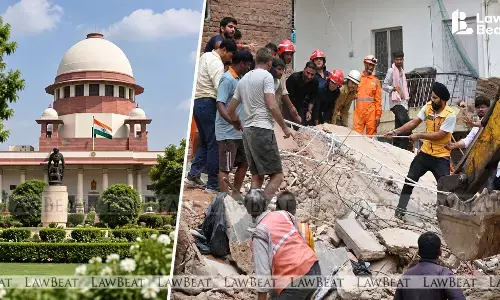 Rescue workers at the site of the Satya Niketan building collapse in South Delhi that killed seven students, prompting a Supreme Court amicus curiae report seeking a citywide PG and hostel safety audit
