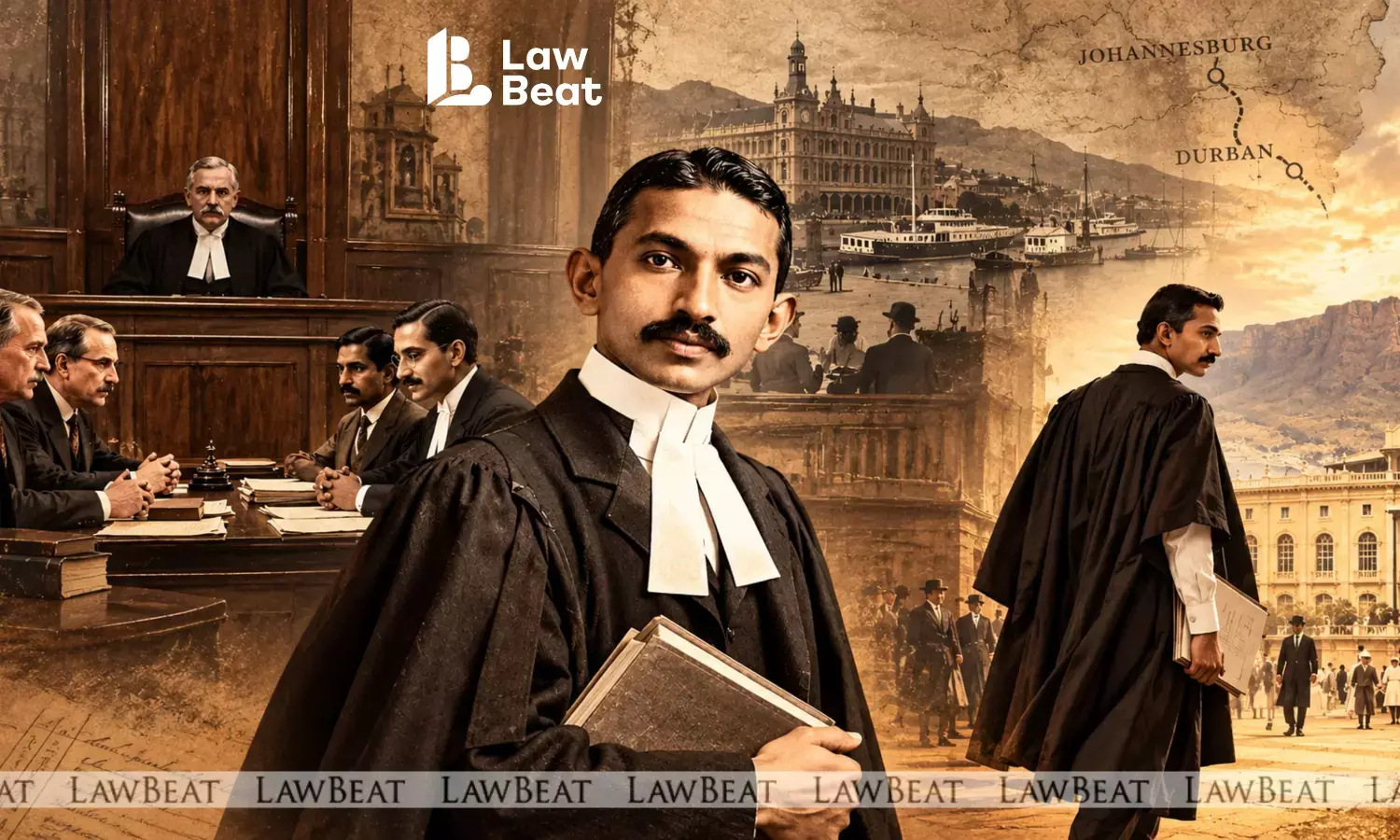 Young Mahatma Gandhi as a barrister in South Africa, representing his early legal career and advocacy for arbitration and mediation Young Mahatma Gandhi as a barrister in South Africa, representing his early legal career and advocacy for arbitration and mediation