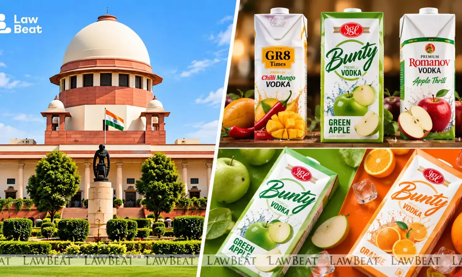 Supreme Court of India building alongside a representative image of a fruit-flavoured alcoholic beverage pack, illustrating a plea on alcohol marketing to minors.