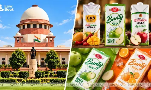 Supreme Court of India building alongside a representative image of a fruit-flavoured alcoholic beverage pack, illustrating a plea on alcohol marketing to minors.