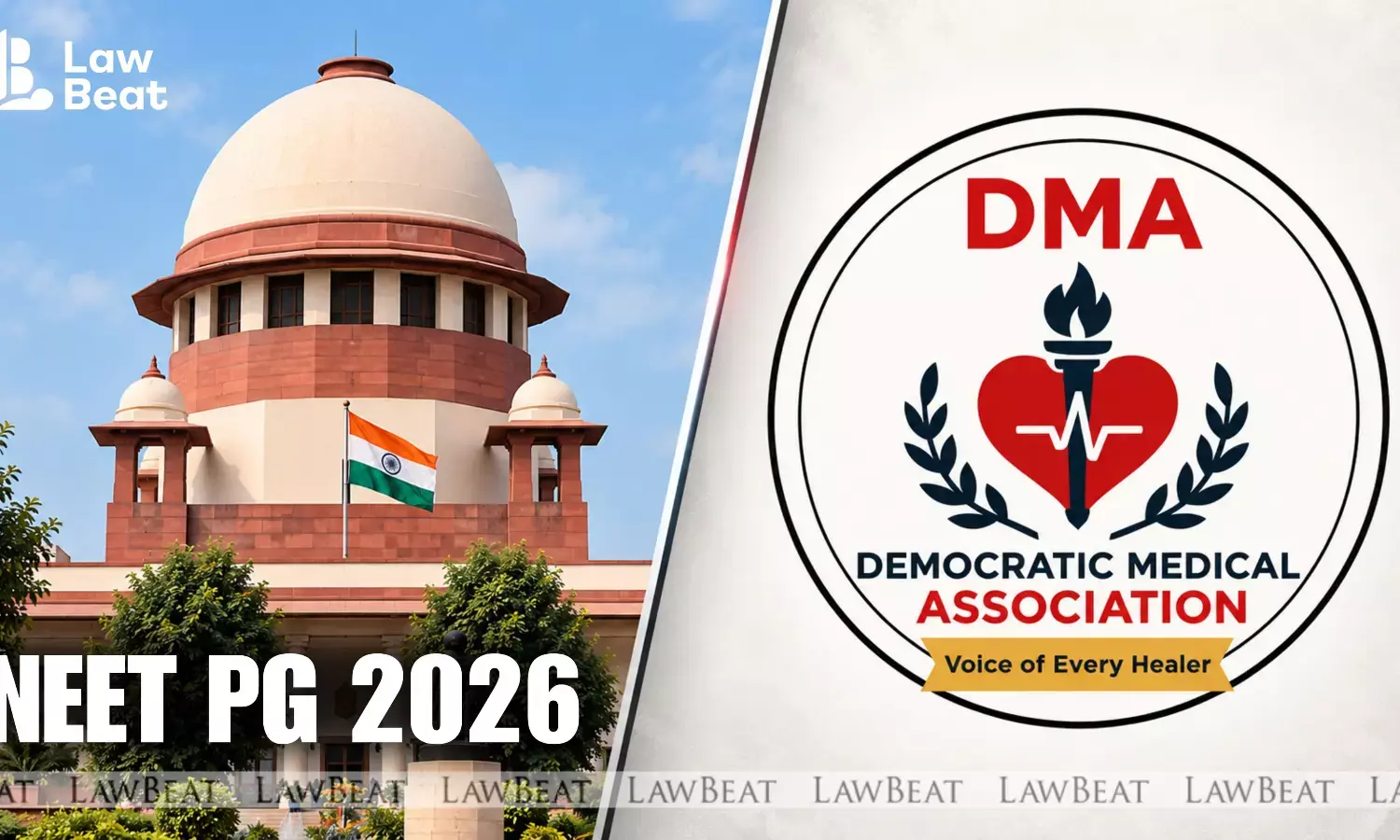 Supreme Court of India building with a NEET-PG 2026 graphic, illustrating a plea by the Democratic Medical Association seeking release of candidates response sheets and official answer keys.