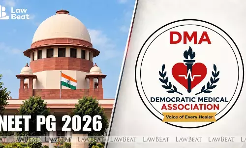 Supreme Court of India building with a NEET-PG 2026 graphic, illustrating a plea by the Democratic Medical Association seeking release of candidates
